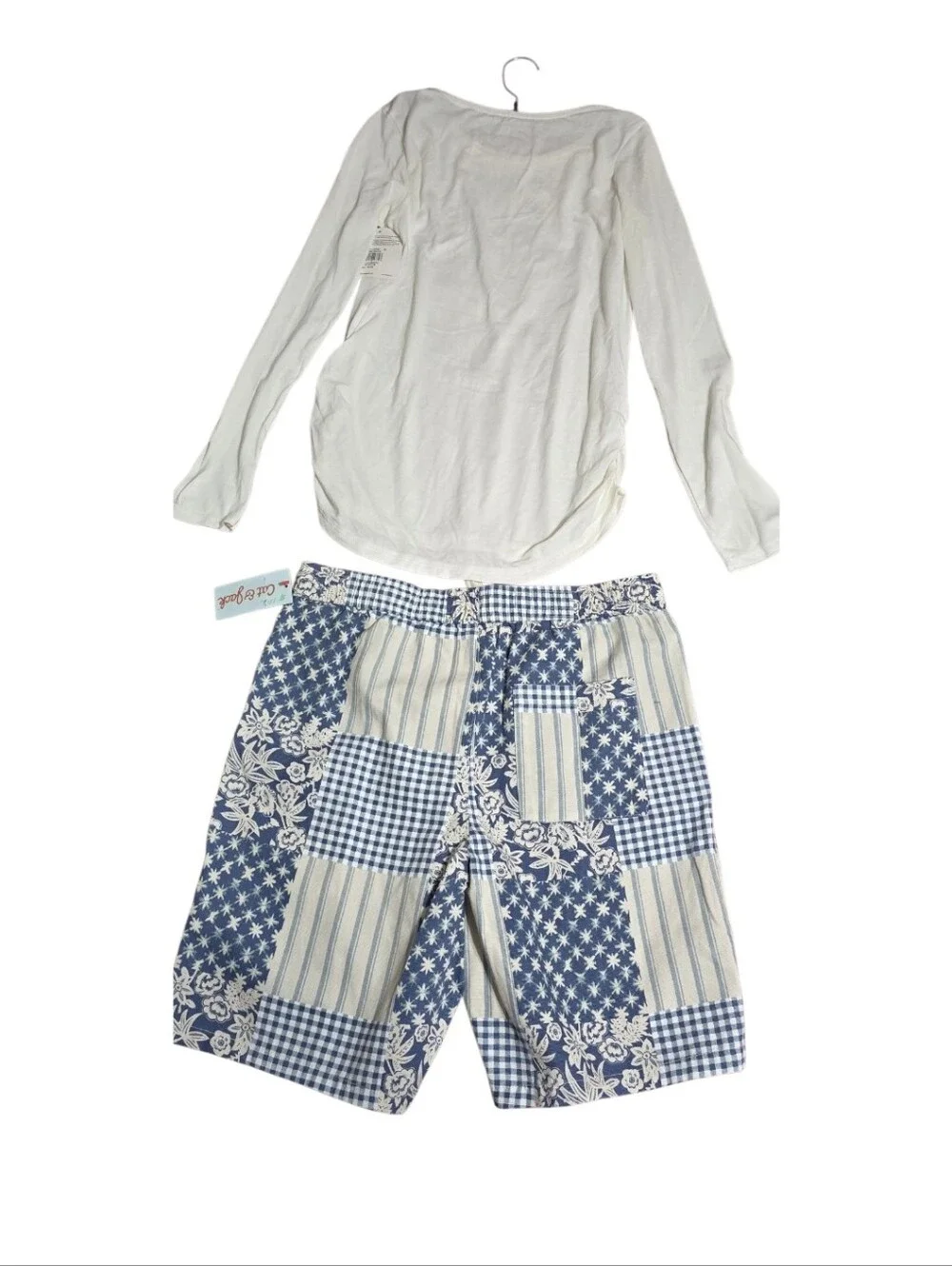 Hanes White Unicorn Graphic Long-Sleeve Top & Blue Patchwork Shorts Pajama Set